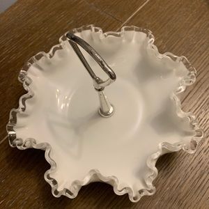 White Silver Crest Candy Dish Marked Fenton with Silvertone Metal Handle